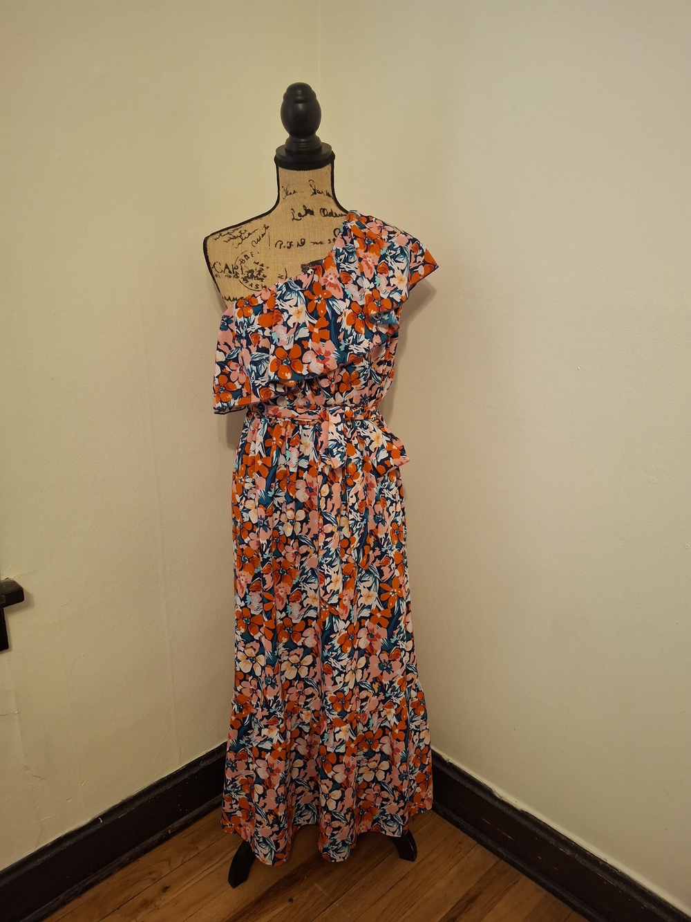 Floral One-Shoulder Maxi Dress in Orange and Pink